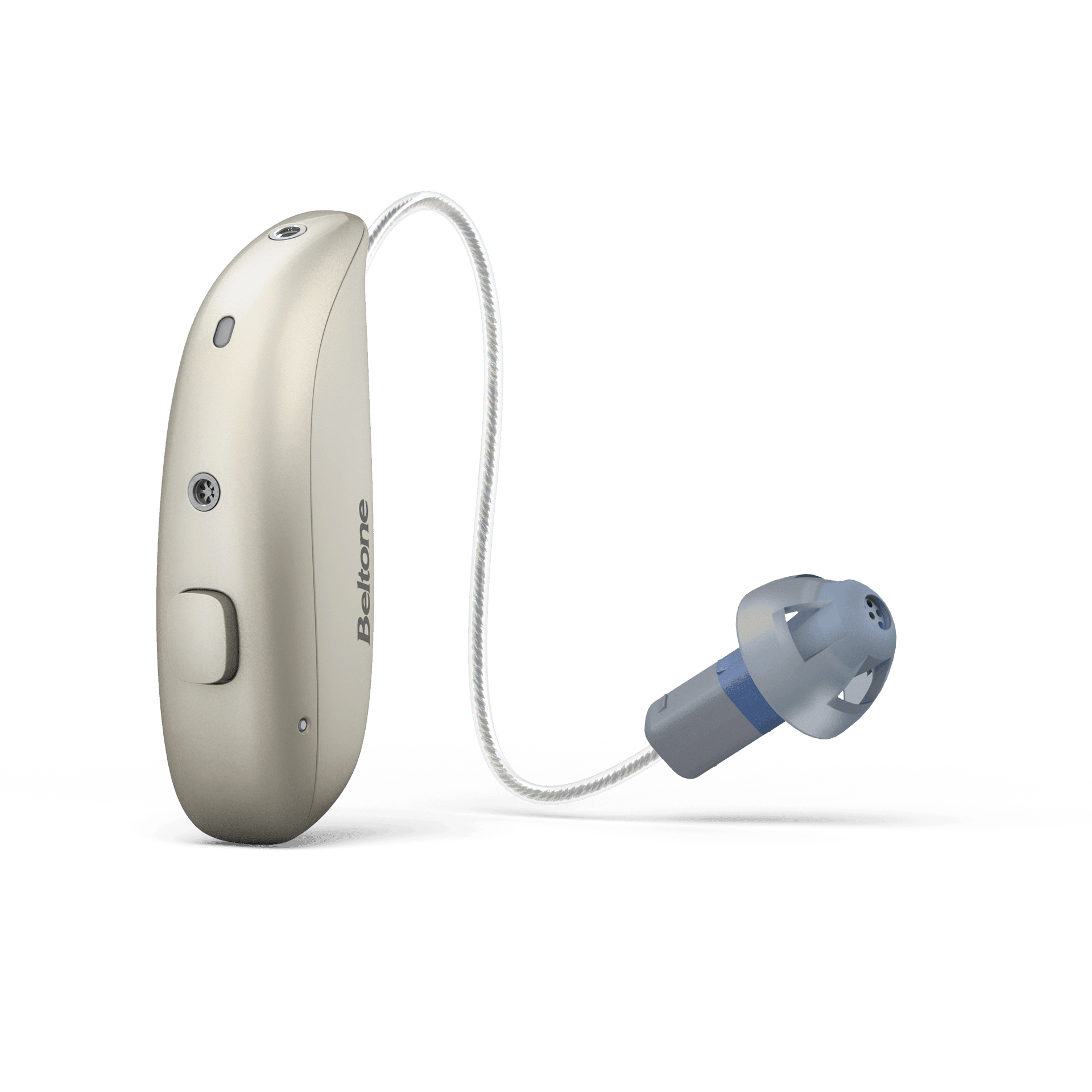 Beige behind-the-ear hearing aid with white cord connected to gray and blue earpiece, branded Beltone